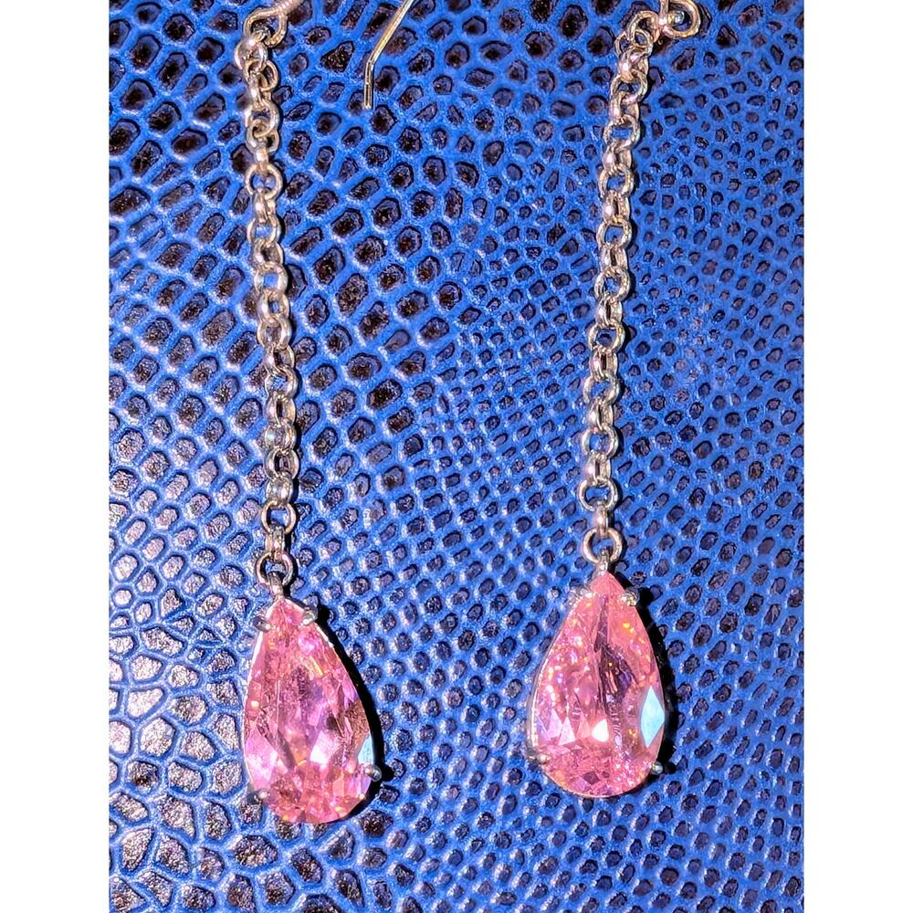Marked EC 925 Sterling Silver Long Dangle Pink Teardrop Crystal Earrings
